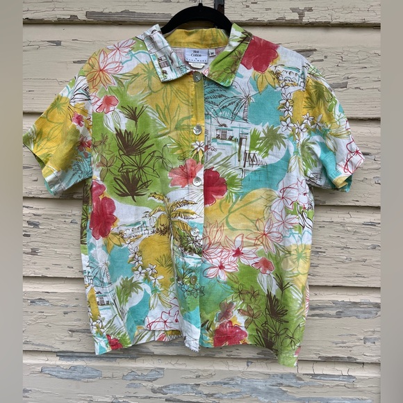 Vintage Hot Cotton Marc Ware Linen Blend Made In USA Floral Button-down Shirt M - Picture 1 of 6